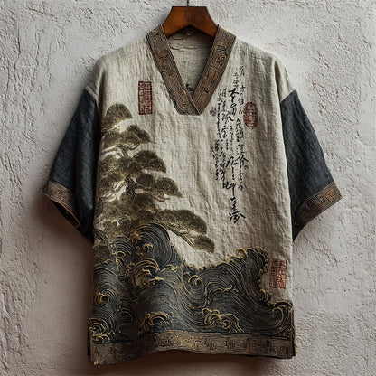Men's Japanese Pine Trees & Sea Waves Calligraphy Art Linen Shirt