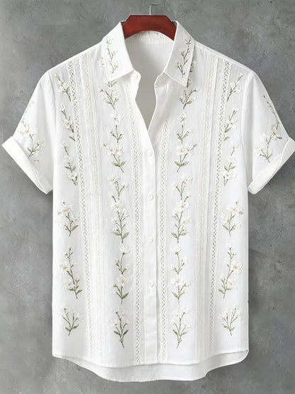 Vintage White Cherry Blossom Art And Lace Texture Cotton Linen Lapel Short Sleeve Shirt