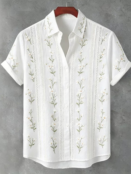 Vintage White Cherry Blossom Art And Lace Texture Cotton Linen Lapel Short Sleeve Shirt