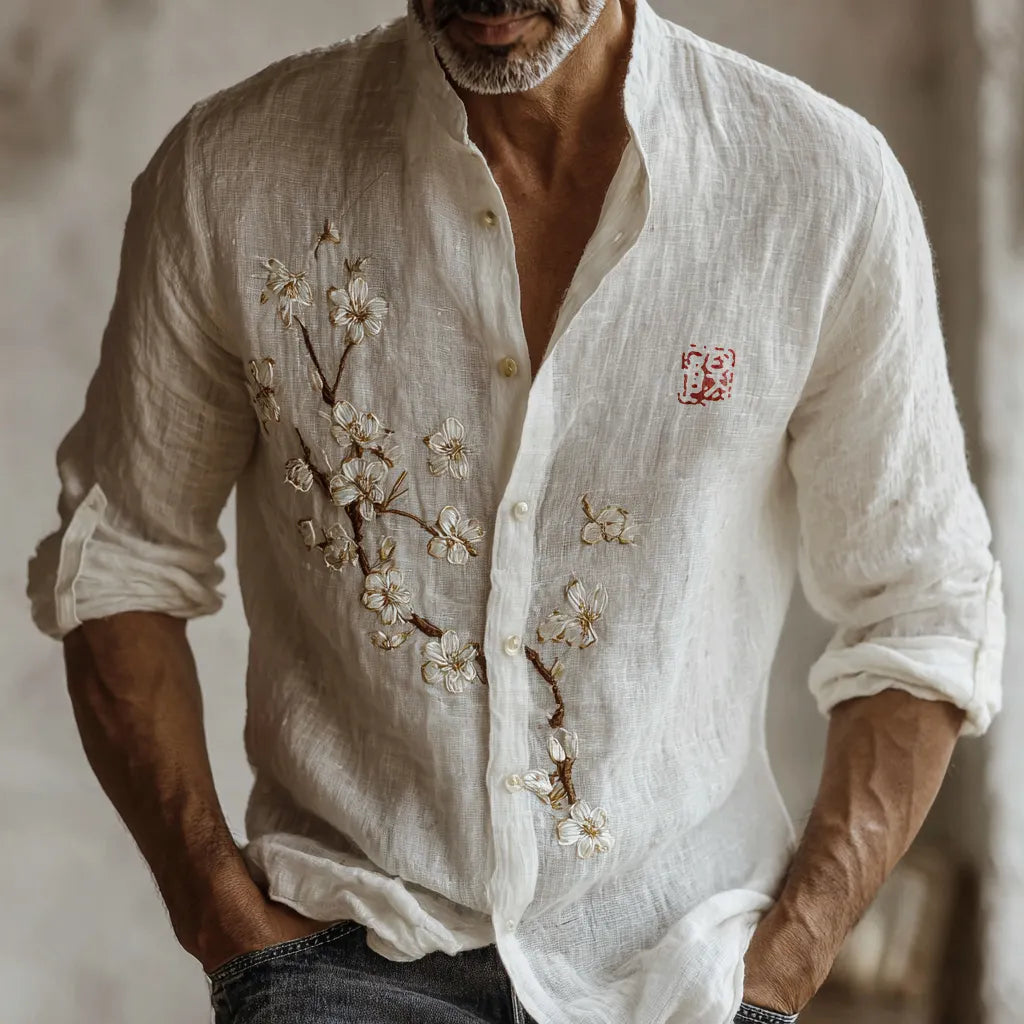 Men's Retro Japanese Cherry Blossom Patchwork Pattern Casual Shirt