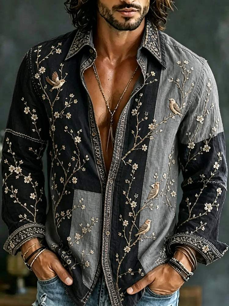 Men's Retro Flowers And Birds Patchwork Art Casual Linen Shirt