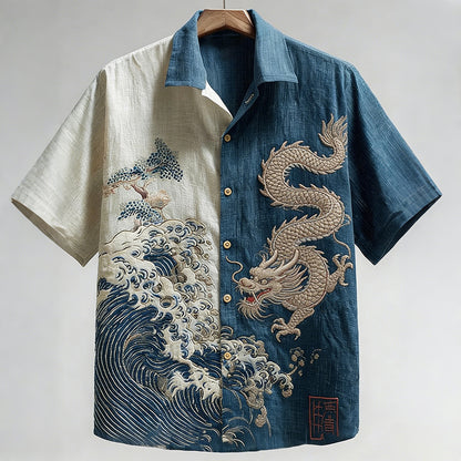Men's Retro Japanese Waves Dragon Pattern Short-sleeve Shirt