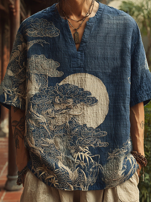 Men's Retro Landscape Embroidery Casual V Neck Short Sleeve Shirt