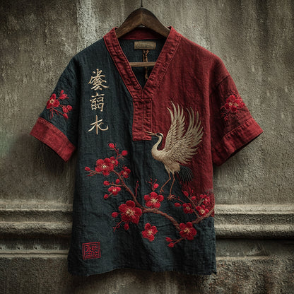 Men's Japanese Retro Style Calligraphy Cranes And Plum Blossoms Art Short-sleeve T-shirt