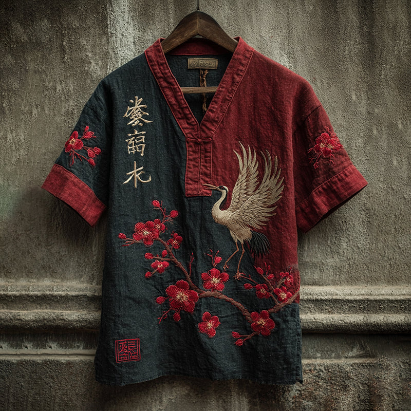 Men's Japanese Retro Style Calligraphy Cranes And Plum Blossoms Art Short-sleeve T-shirt