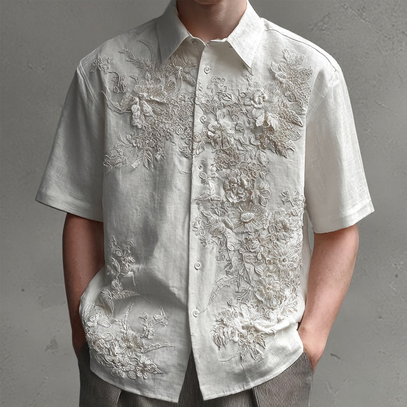 Men's Floral Lace Embroidered Vintage Linen Shirt