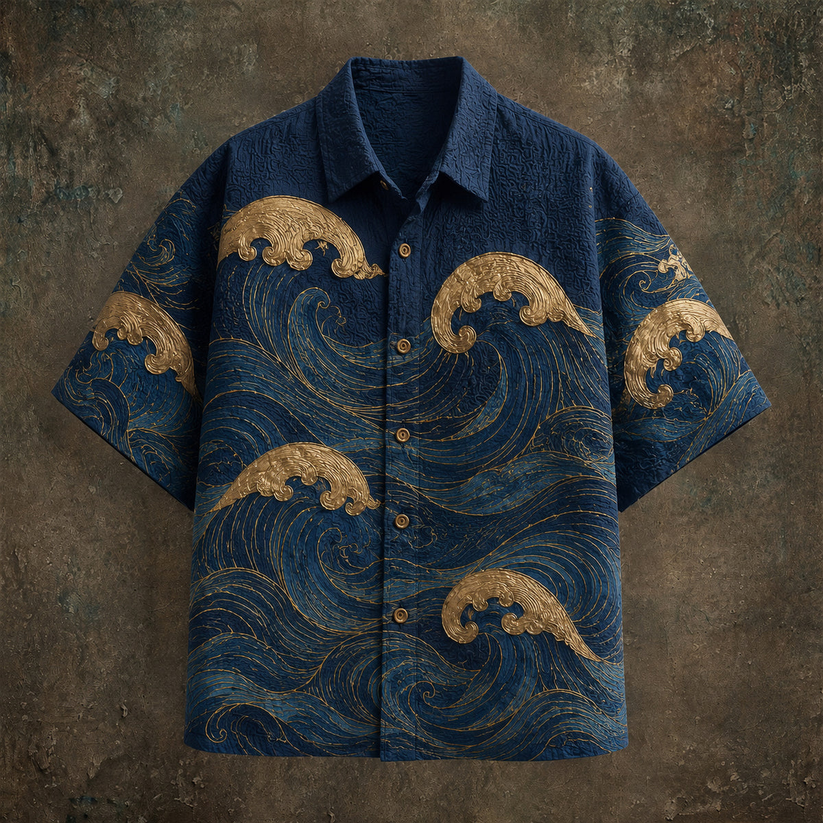 Men's Japanese Art Wave Print Cotton Linen Top