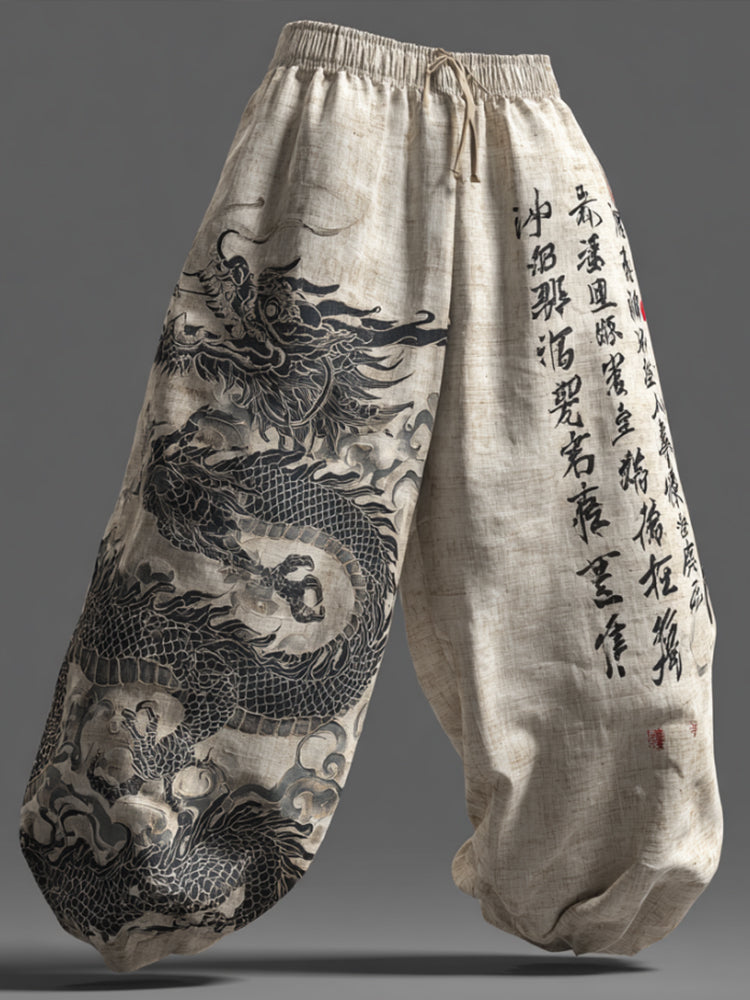 Japanese Art Dragon Totem Black And White Artistic Cotton Linen Trousers