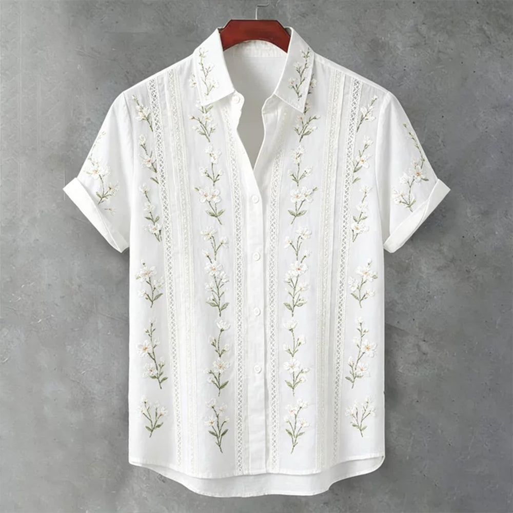 Vintage White Cherry Blossom Art And Lace Texture Cotton Linen Lapel Short Sleeve Shirt