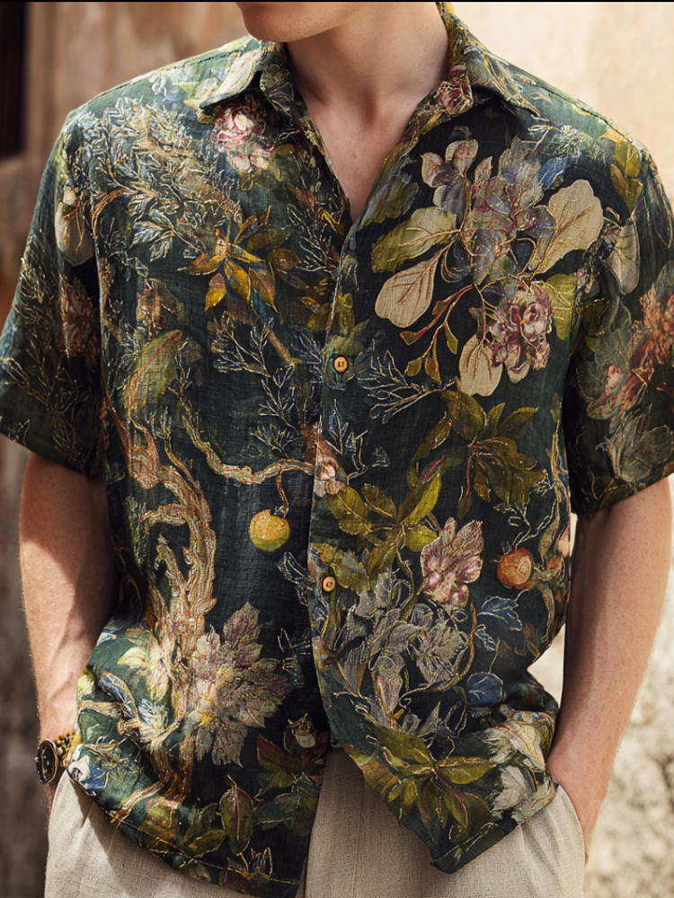 Bohemian Style Plant And Flower Pattern Men's Retro Cotton And Linen Short-sleeve Shirt