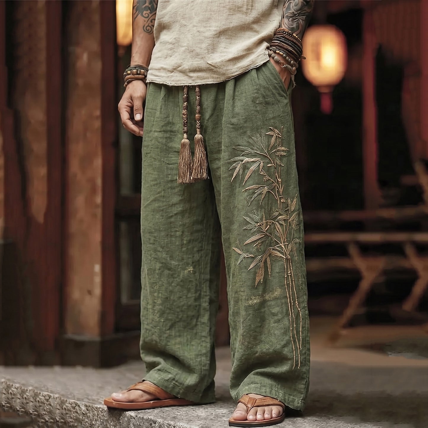 Men's Vintage Japanese Bamboo Embroidery Art Linen Blend Pants