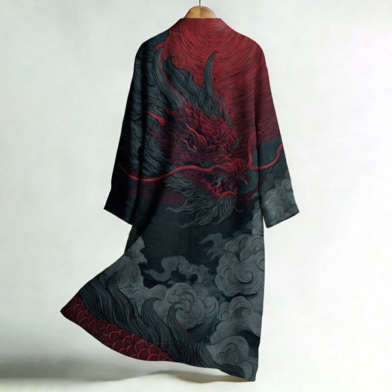 Men's Japanese Dragon Art Print Linen Long Kimono