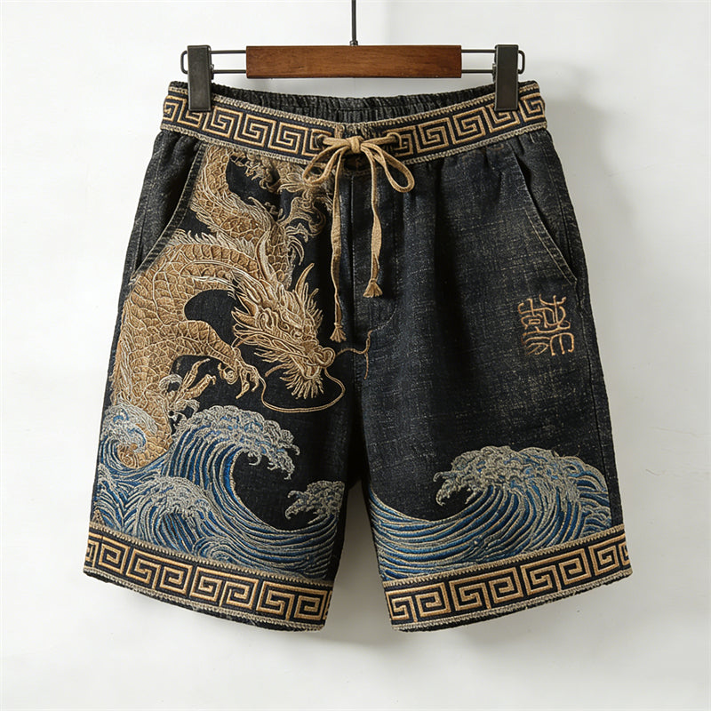 Men's Japanese Gold Dragons Sea Waves Drawstring Linen Shorts