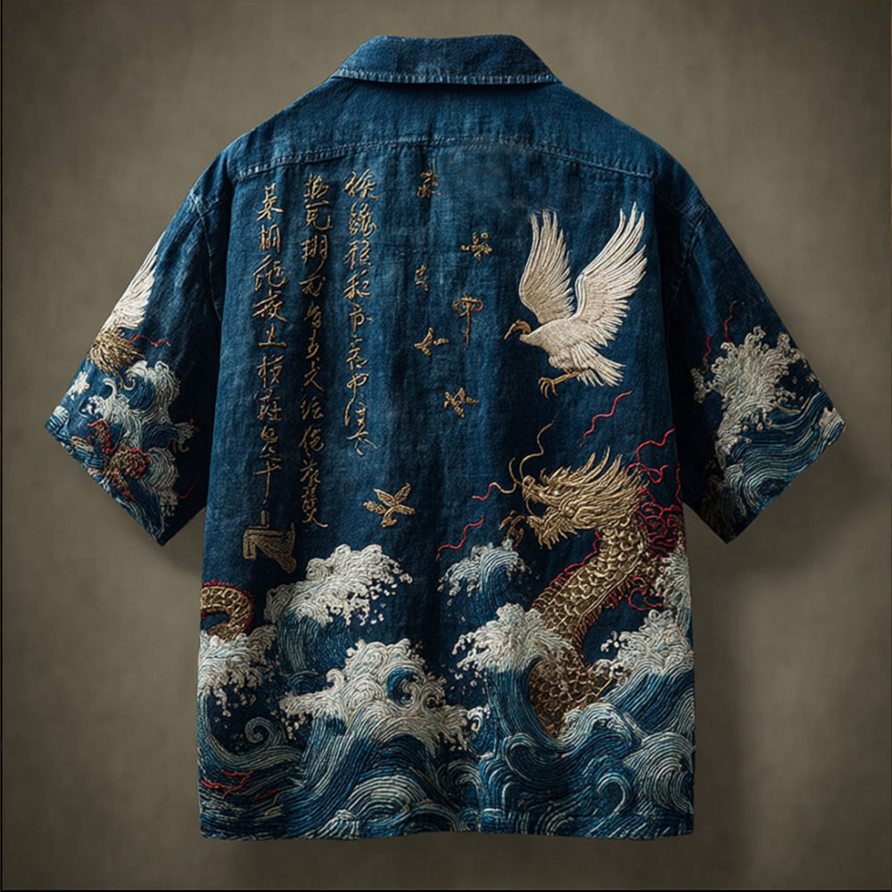 Men's Wave And Crane Embroidered Japanese Linen Shirt