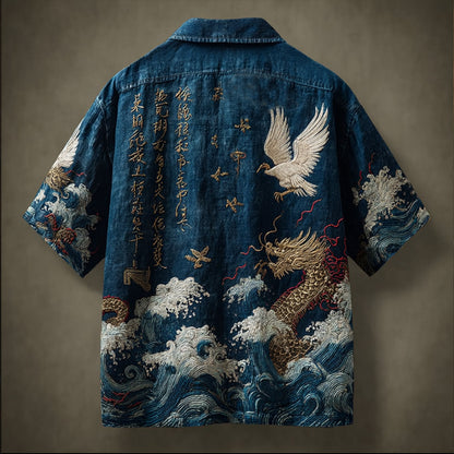 Men's Wave And Crane Embroidered Japanese Linen Shirt