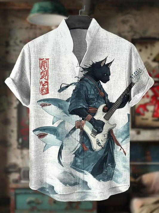 Vintage Japanese Cat Gradient Art Casual Shirt