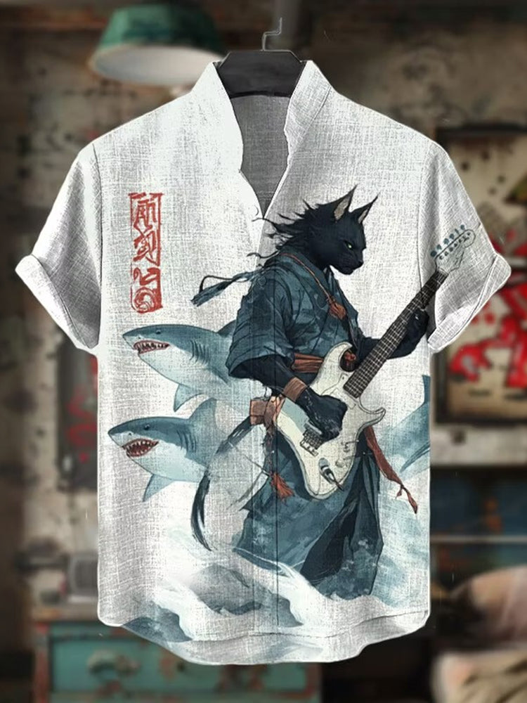 Vintage Japanese Cat Gradient Art Casual Shirt