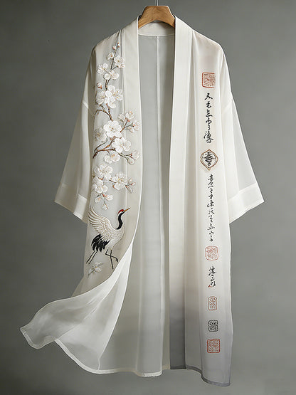 Japanese Art Crane And Cherry Blossom Calligraphy Embroidered Flowing Cotton Linen Kimono