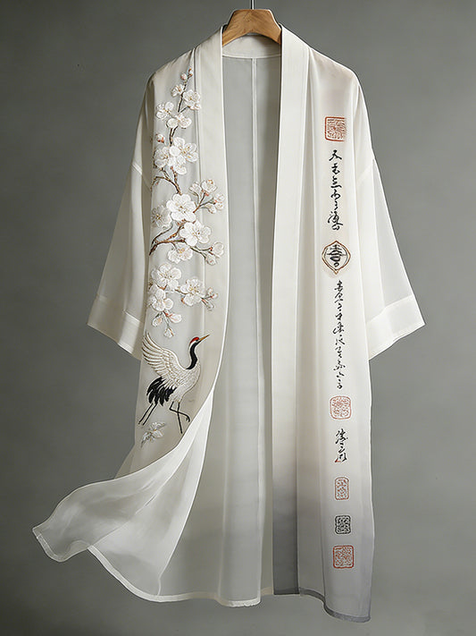 Japanese Art Crane And Cherry Blossom Calligraphy Embroidered Flowing Cotton Linen Kimono