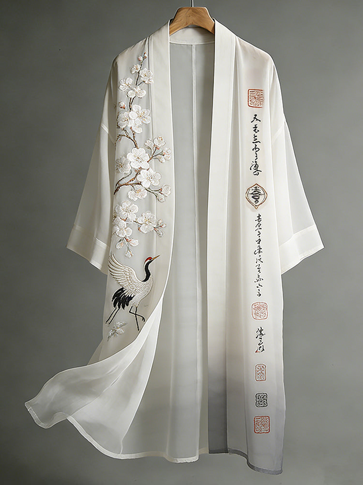 Japanese Art Crane And Cherry Blossom Calligraphy Embroidered Flowing Cotton Linen Kimono