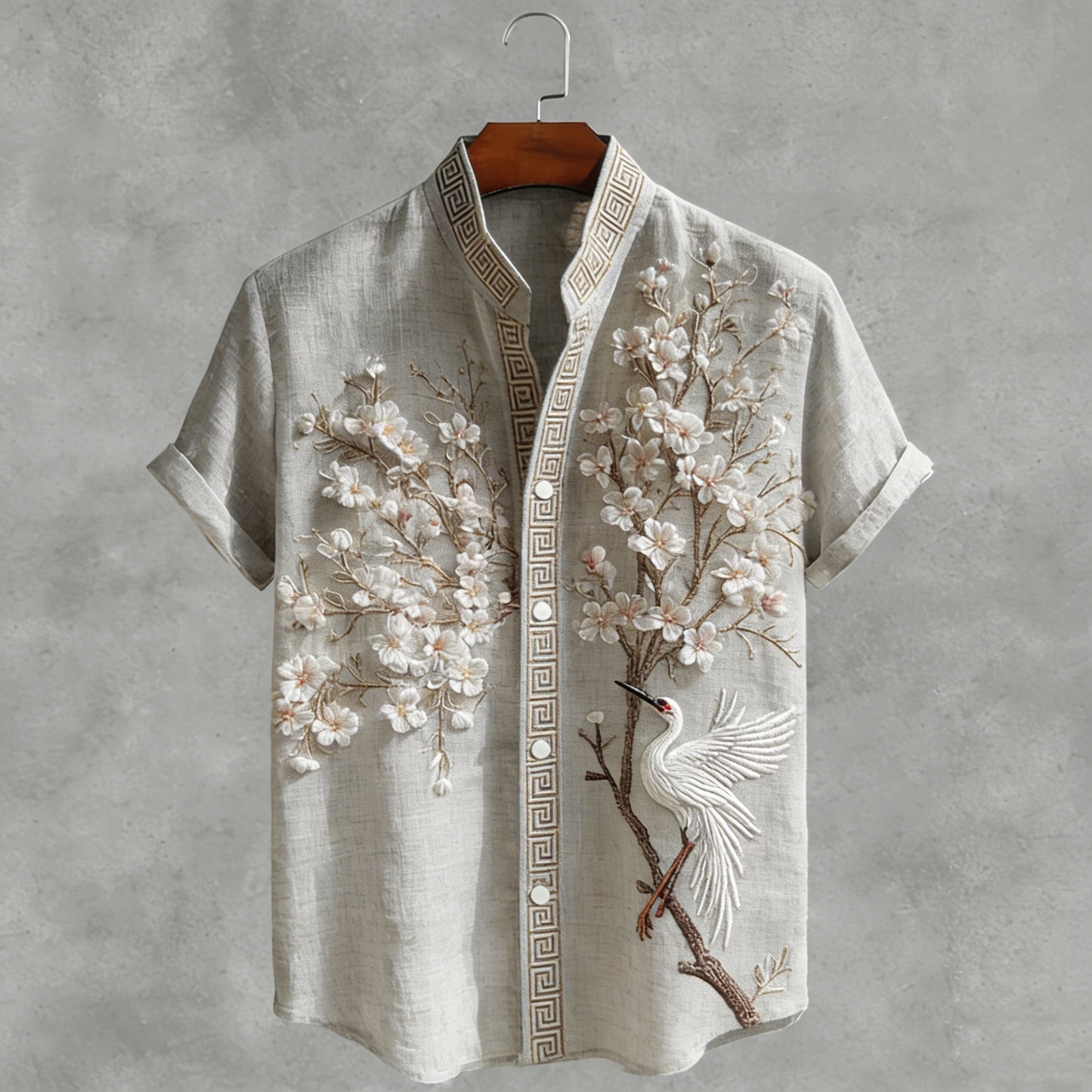 Japanese  Cherry Blossom & Crane Art Linen Blend Shirt