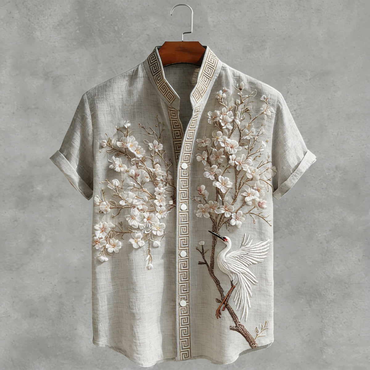 Japanese  Cherry Blossom & Crane Art Linen Blend Shirt
