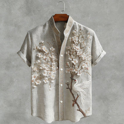 Japanese  Cherry Blossom & Crane Art Linen Blend Shirt
