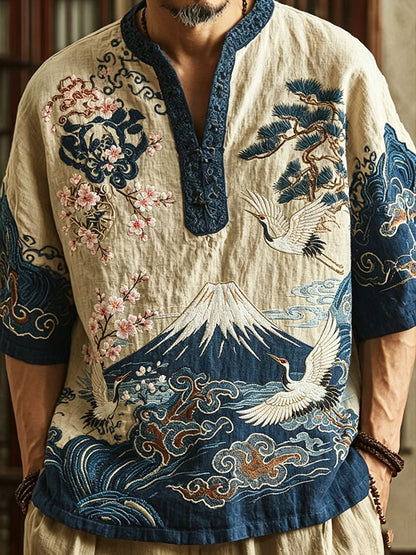 Men's Retro Japanese Crane Floral Wave Design Short-sleeve Top