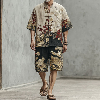 Men's Crane And Cloud Pattern Two-piece Set