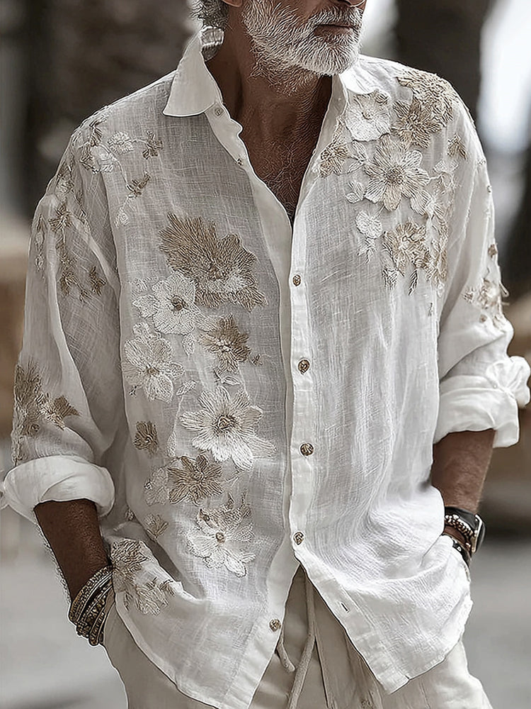 Men's Retro Floral Embroidered Comfy Linen Shirt