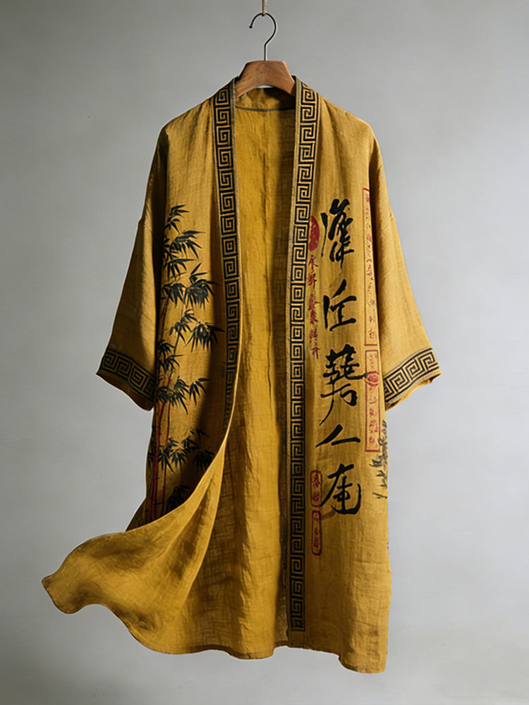 Men's Japanese Bamboo Calligraphy Linen Long Kimono