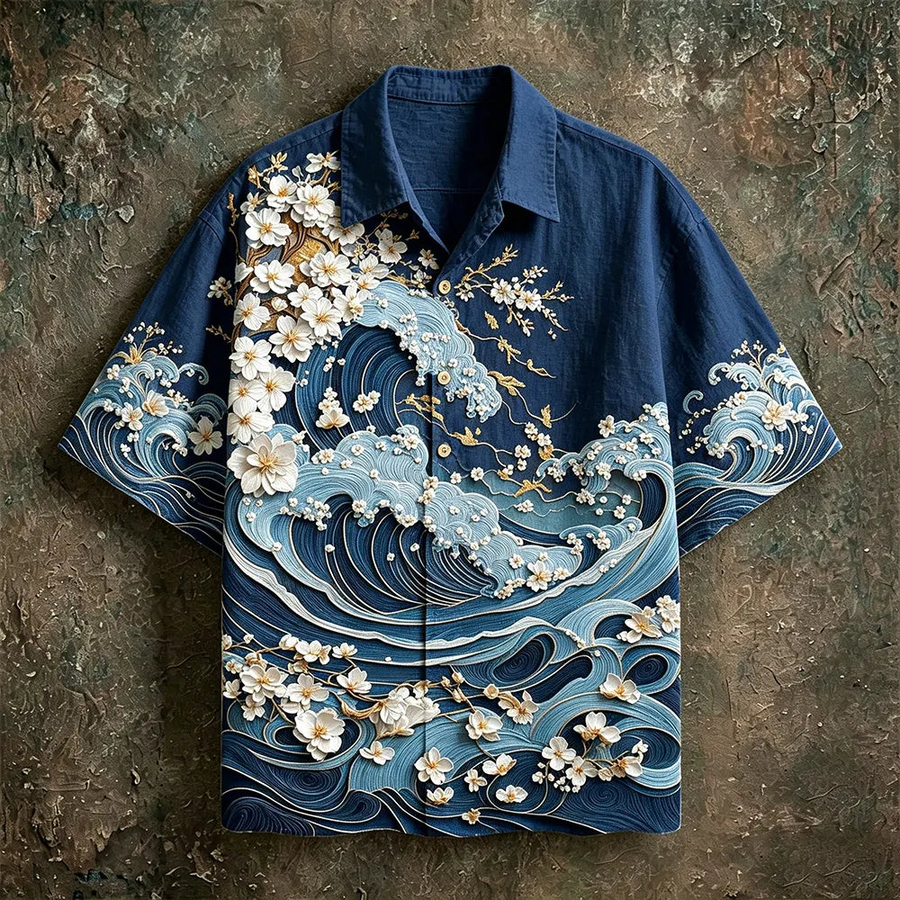 Vintage Japanese Art Wave And Cherry Blossom Art Embroidery Cotton Linen Casual Short-sleeved Shirt