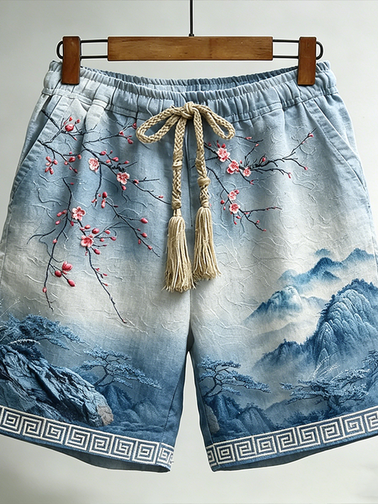 Vintage Landscape And Flower Embroidery Pattern Design Men's Casual Linen Shorts