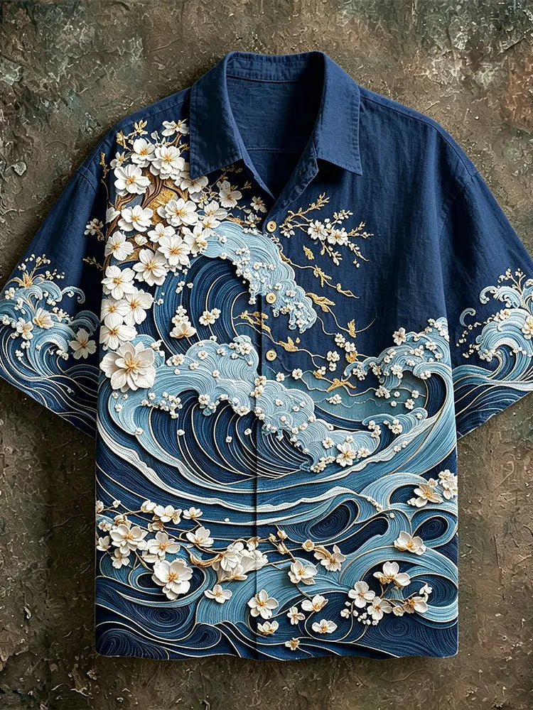 Vintage Japanese Art Wave And Cherry Blossom Art Embroidery Cotton Linen Casual Short-sleeved Shirt