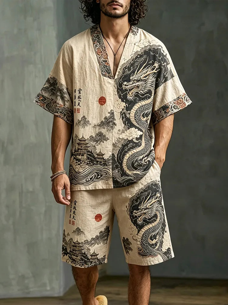 Men's Dragon Letter Landscape Print Cotton Linen V-neck Short-sleeve Shorts Two-piece Set