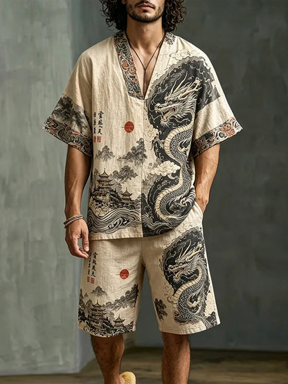 Men's Dragon Letter Landscape Print Cotton Linen V-neck Short-sleeve Shorts Two-piece Set
