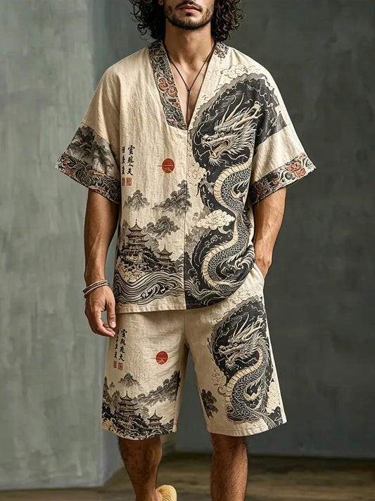 Men's Dragon Letter Landscape Print Cotton Linen V-neck Short-sleeve Shorts Two-piece Set