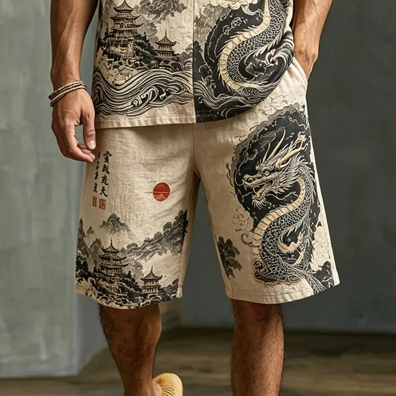 Men's Dragon Letter Landscape Print Cotton Linen V-neck Short-sleeve Shorts Two-piece Set