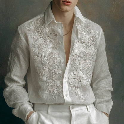 Men's Lace Flowers Embroidered Comfy Linen Blouse