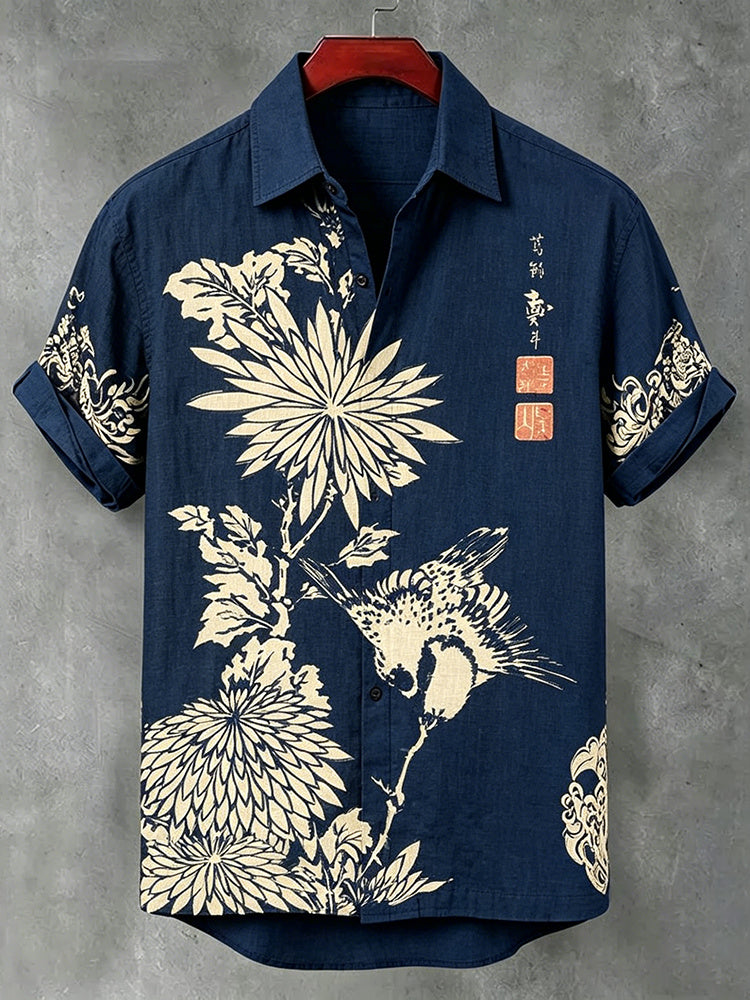 Men's Japanese Art Floral Cotton Linen Short-sleeve Shirt