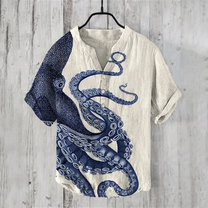 Japanese Art Octopus Graphic Printed Short Sleeve Shirt