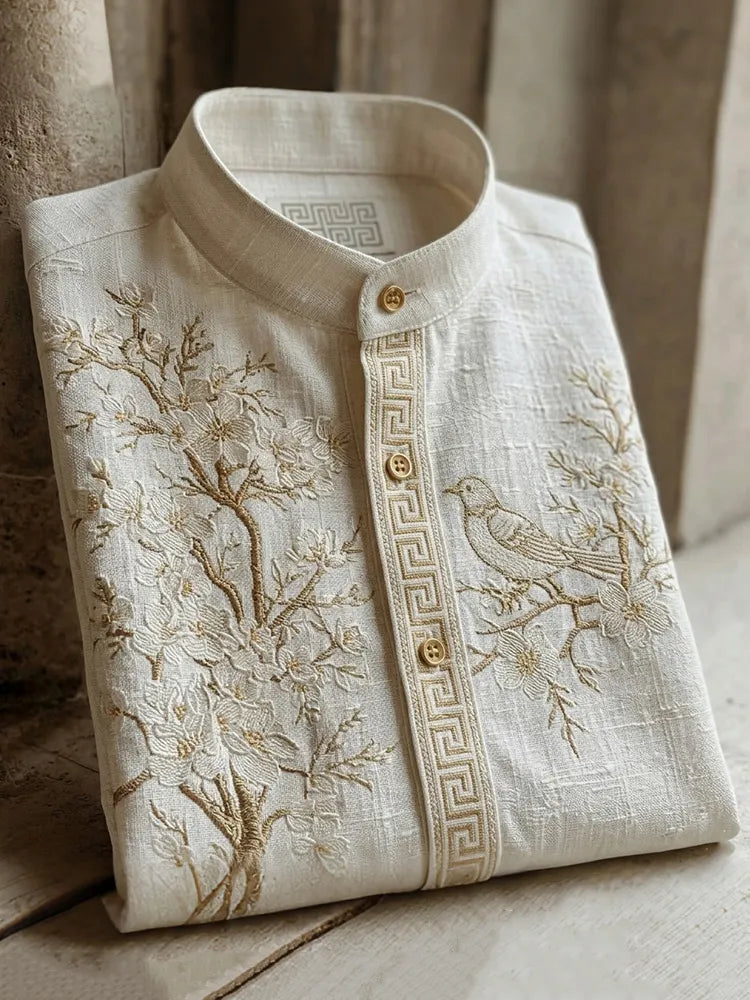 Retro Cherry Blossom And Bird Pattern Short-sleeve Shirt