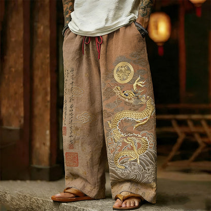 Men's Retro Calligraphy With Dragon Wave Art Linen Pants