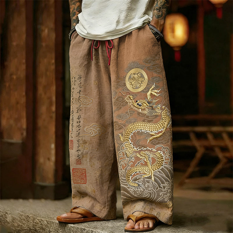 Men's Retro Calligraphy With Dragon Wave Art Linen Pants