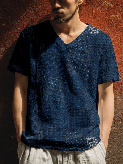 Men's Japanese Traditional Sashiko Art Linen T Shirt