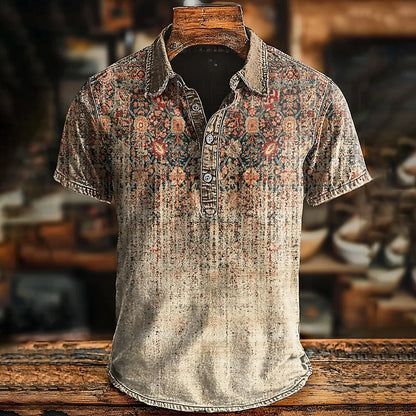 Men's Retro Ethnic Gradient Art Printed Casual Short Sleeve Polo Shirt