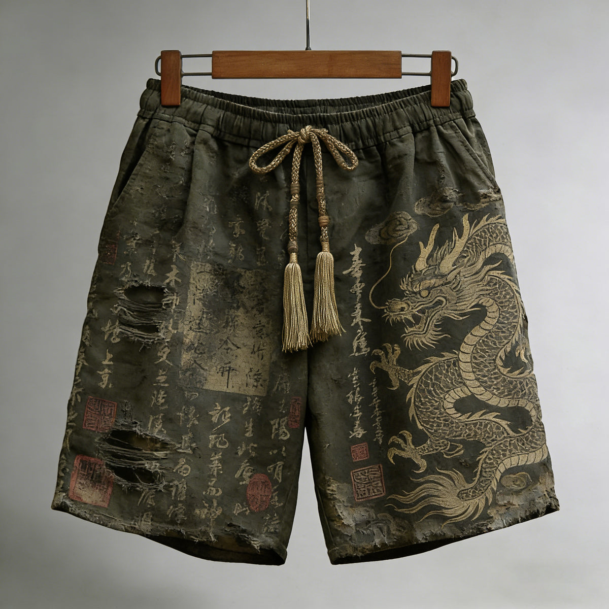 Men's Calligraphy With Dragon Art Pattern Linen Blend Casual Shorts