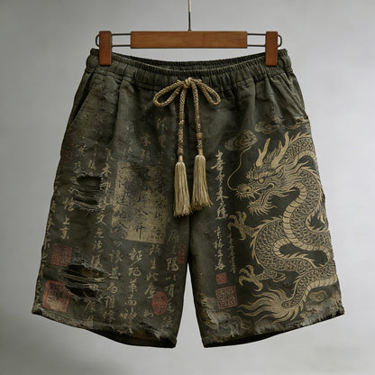 Men's Calligraphy With Dragon Art Pattern Linen Blend Casual Shorts