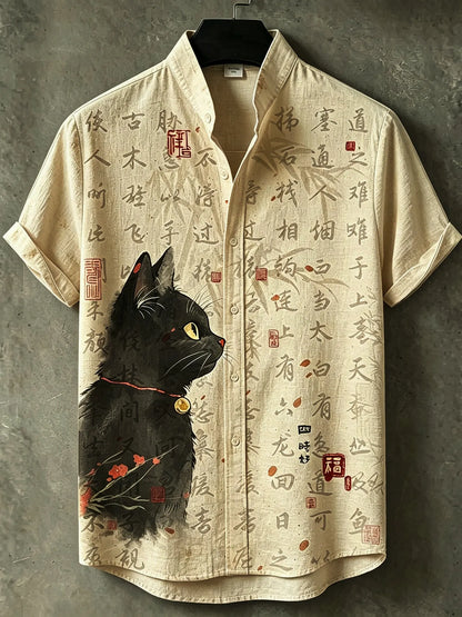 Men's Retro Japanese Art Cat And Calligraphy Print Shirt