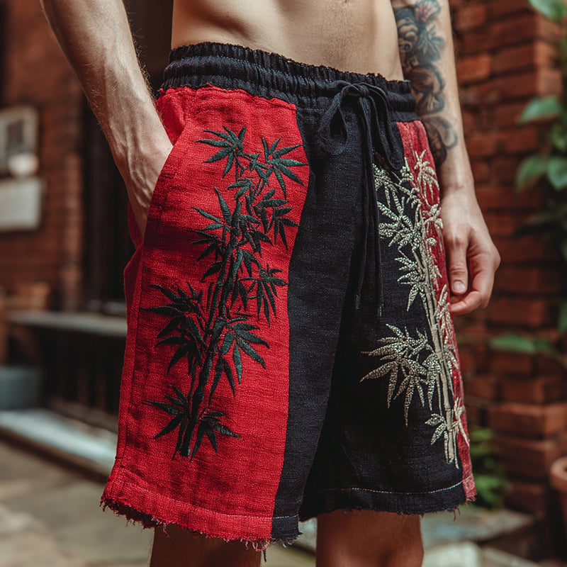 Men's Vintage Bamboo Embroidery Art Linen Blend Shorts